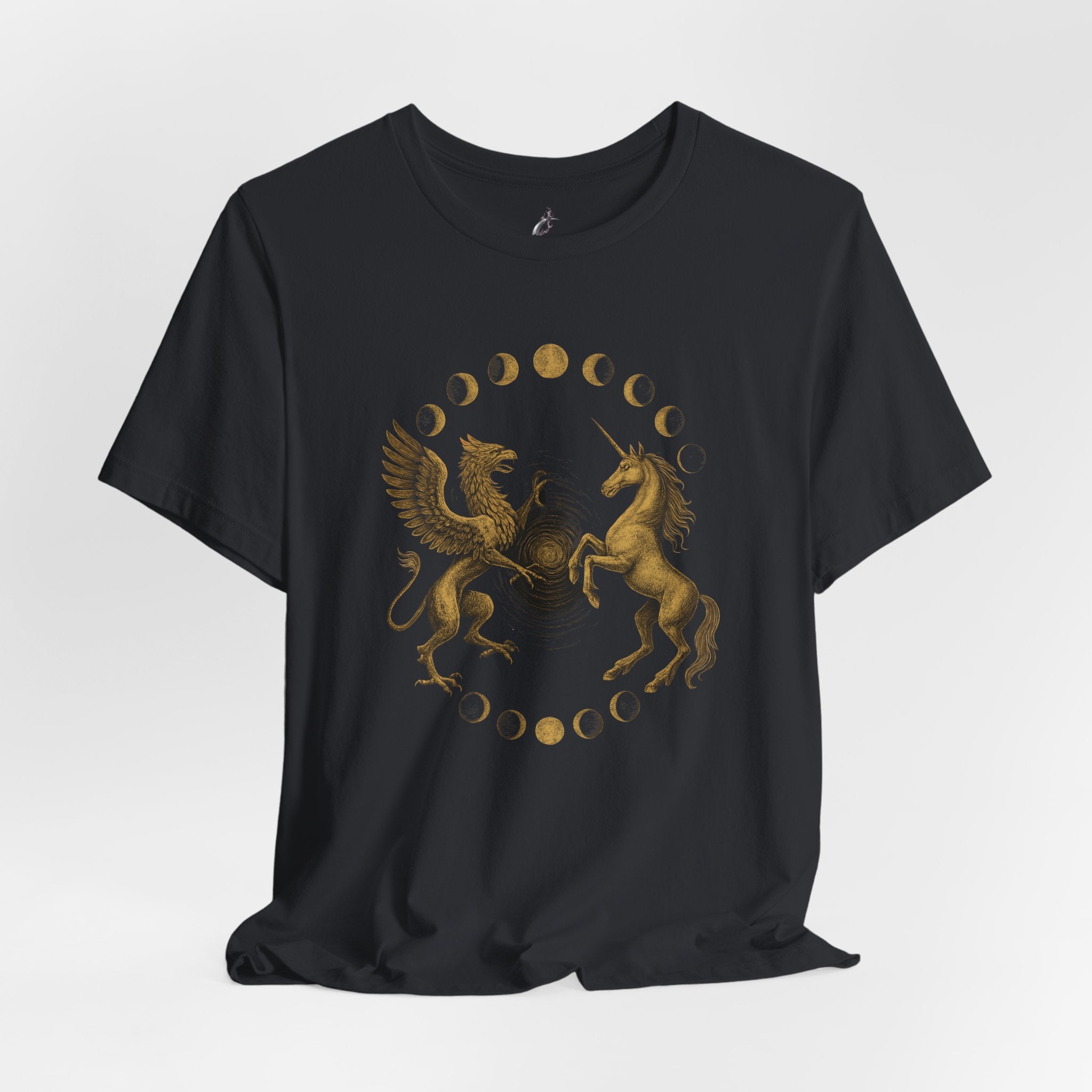 Black t-shirt with gold graphic of a pegasus and unicorn on a white background