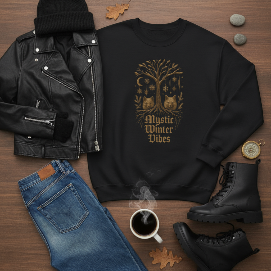 Black sweatshirt with 'Mystic Winter Vibes' design, black leather jacket, blue jeans, black boots, and a cup of coffee on a wooden surface.