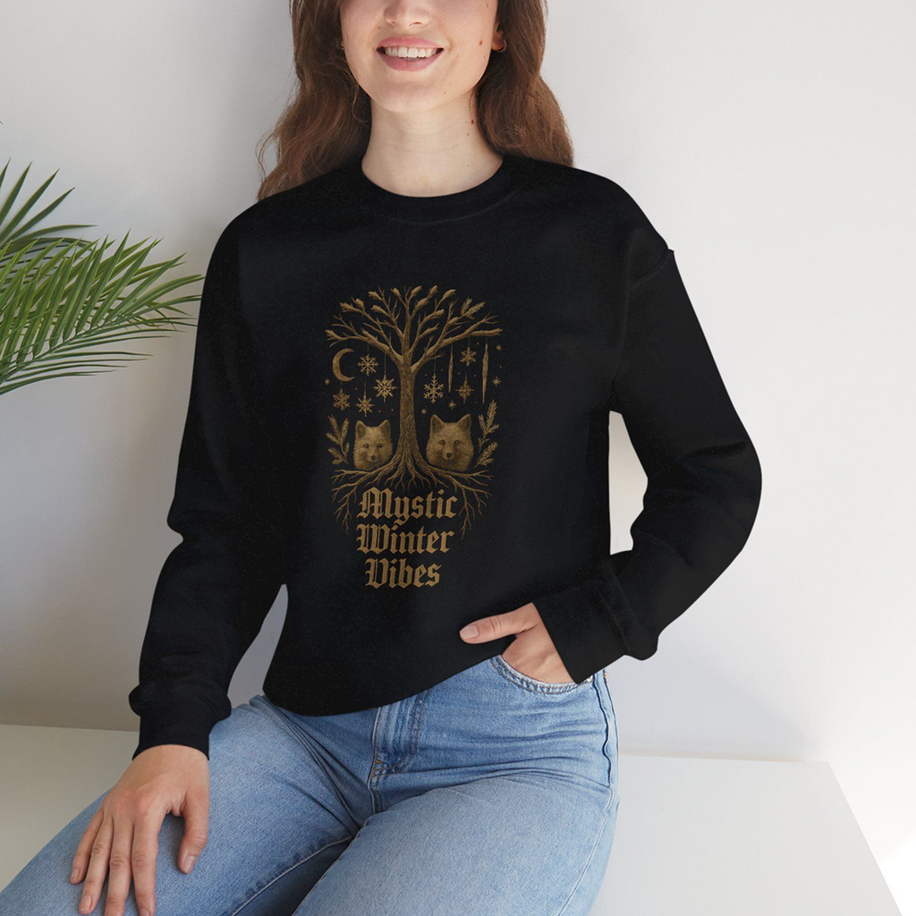 Person wearing a black sweatshirt with a tree design and text, sitting against a white background.