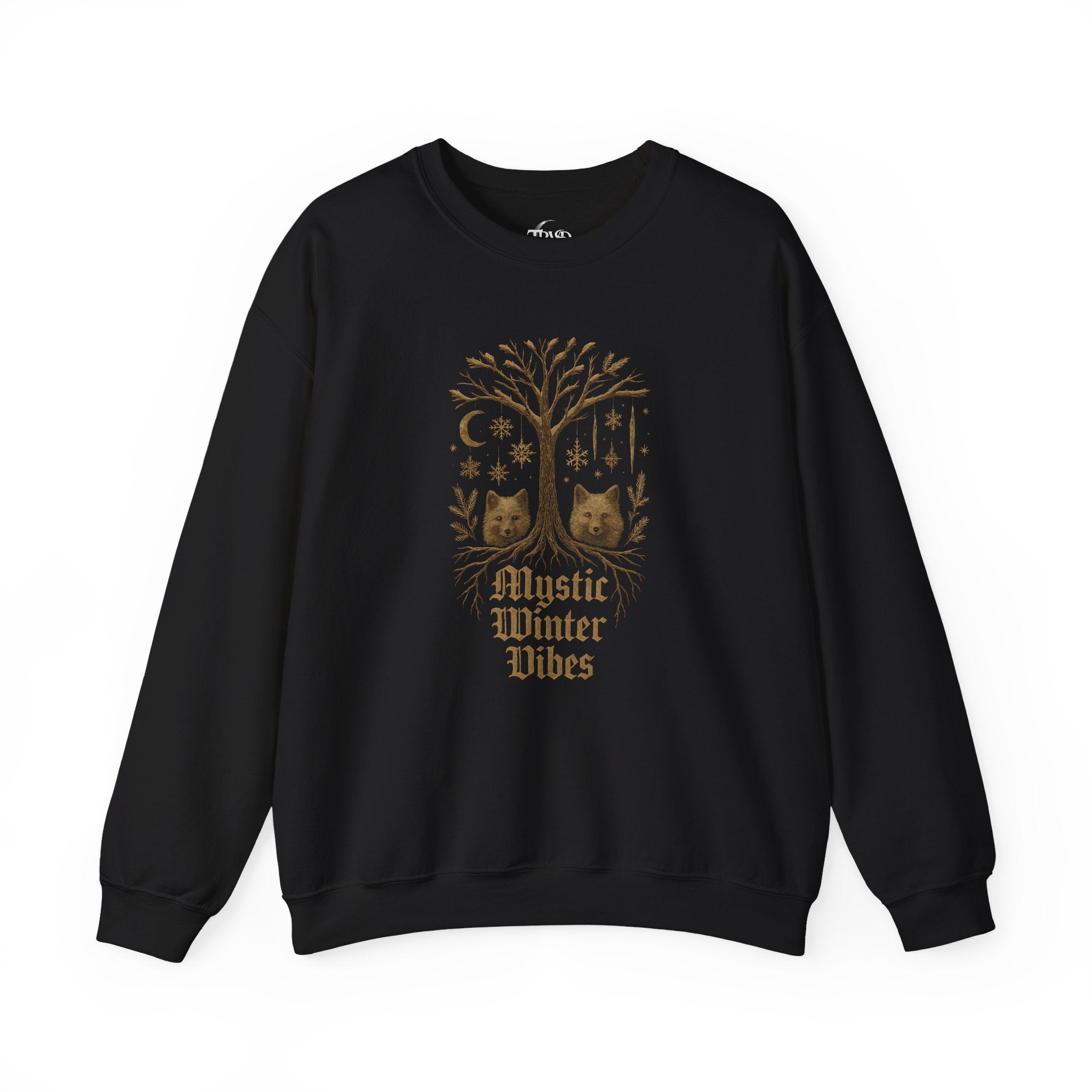 Black sweatshirt with a gold tree design and text on a white background