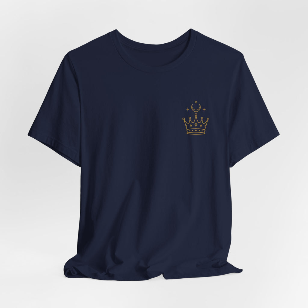 Navy blue t-shirt with a gold crown emblem on a light gray background