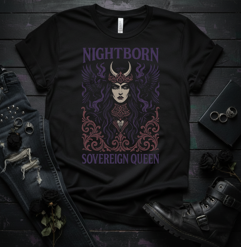 Black t-shirt with 'Nightborn Sovereign Queen' design on a dark wooden surface with boots and jeans.
