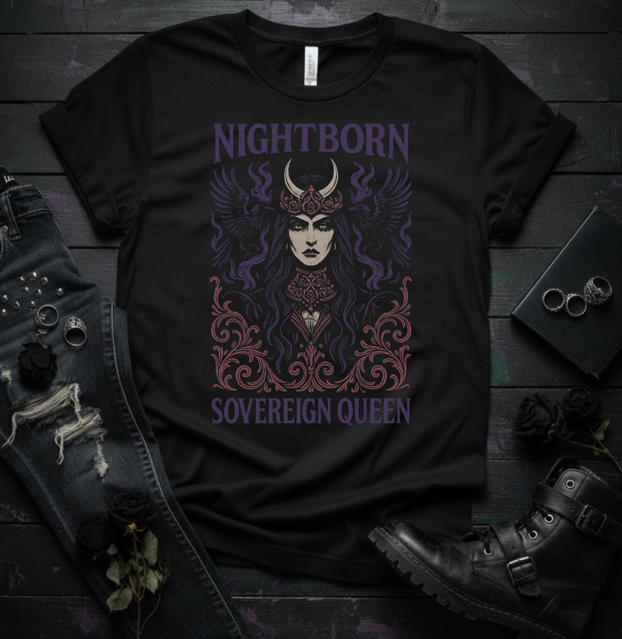 Black t-shirt with 'Nightborn Sovereign Queen' design on a dark wooden surface with boots and jeans.