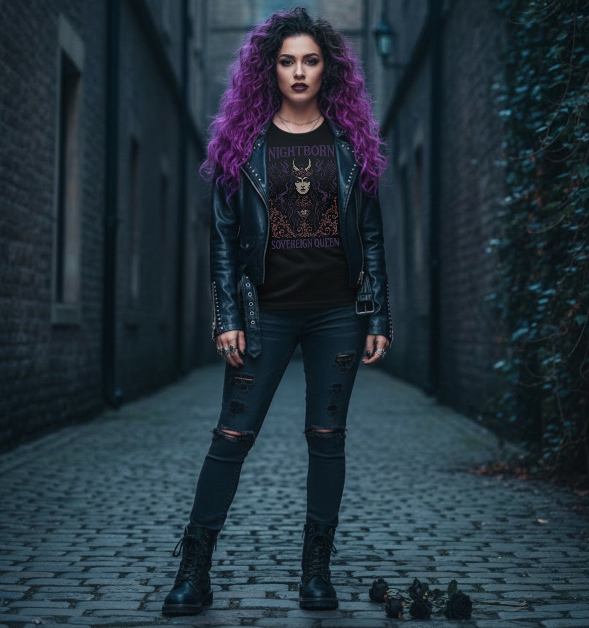 Woman with purple hair standing in a dark alleyway wearing a black leather jacket, black t-shirt nightborn sovereign queen graphic and ripped jeans.