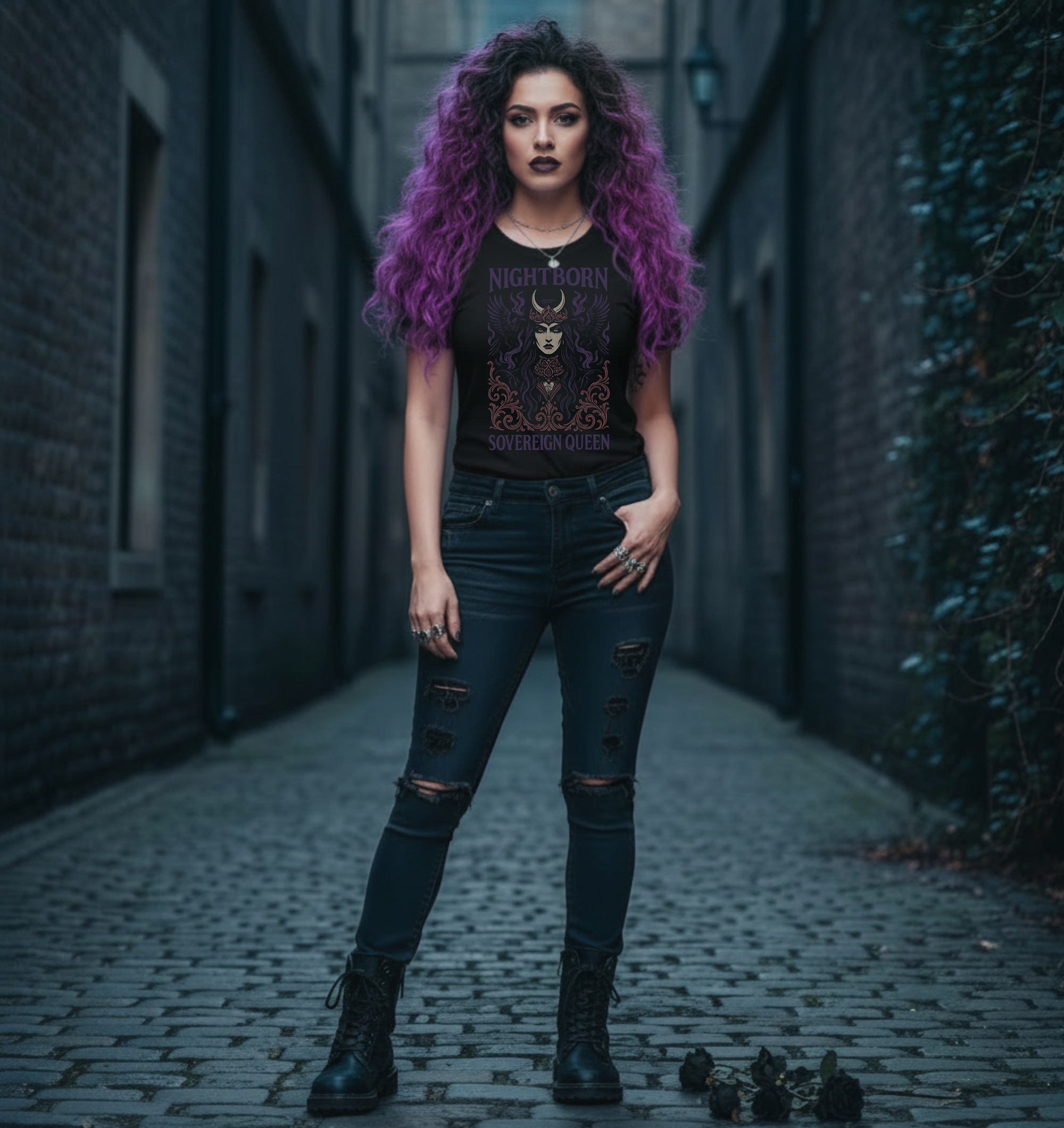Woman with purple hair standing in an alleyway wearing a black t-shirt nightborn sovereign queen graphic and ripped jeans.