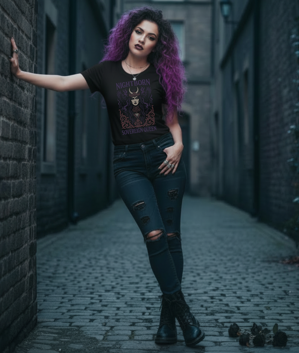 Woman with purple hair standing in a narrow alleyway wearing a black t-shirt with a graphic design of a nightborn sovereign queen and ripped jeans.