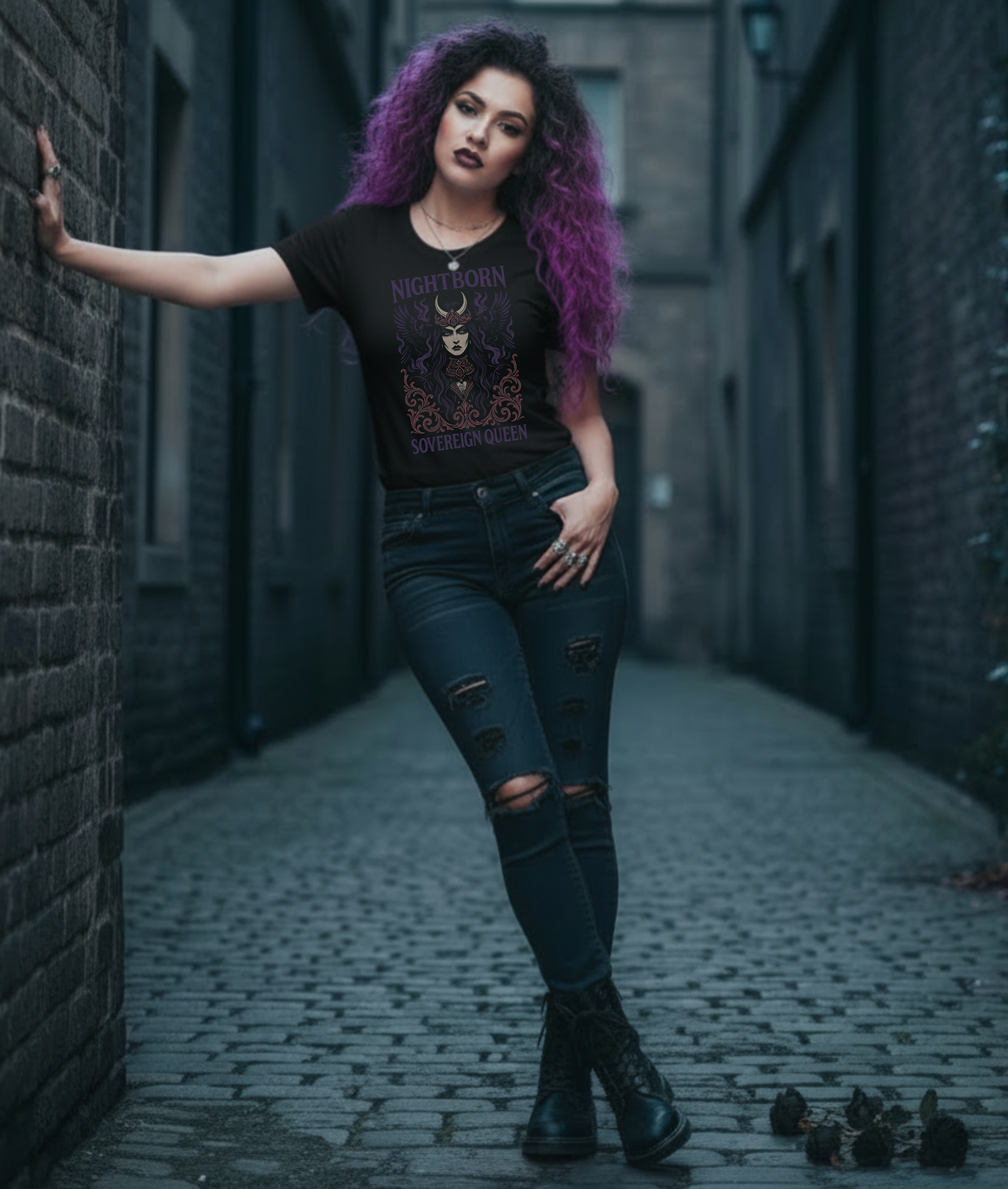 Woman with purple hair standing in a narrow alleyway wearing a black t-shirt with a graphic design of a nightborn sovereign queen and ripped jeans.
