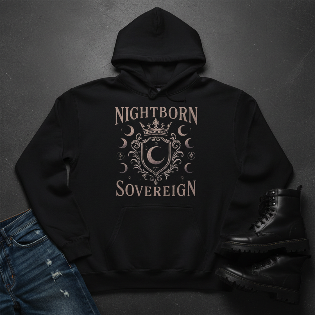 Black hoodie with 'Nightborn Sovereign' design on a dark gray background