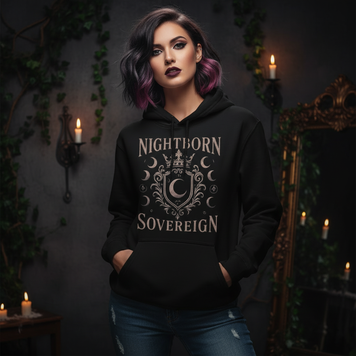 Woman wearing a black hoodie with 'Nightborn Sovereign' text and design in a dark, candlelit room.