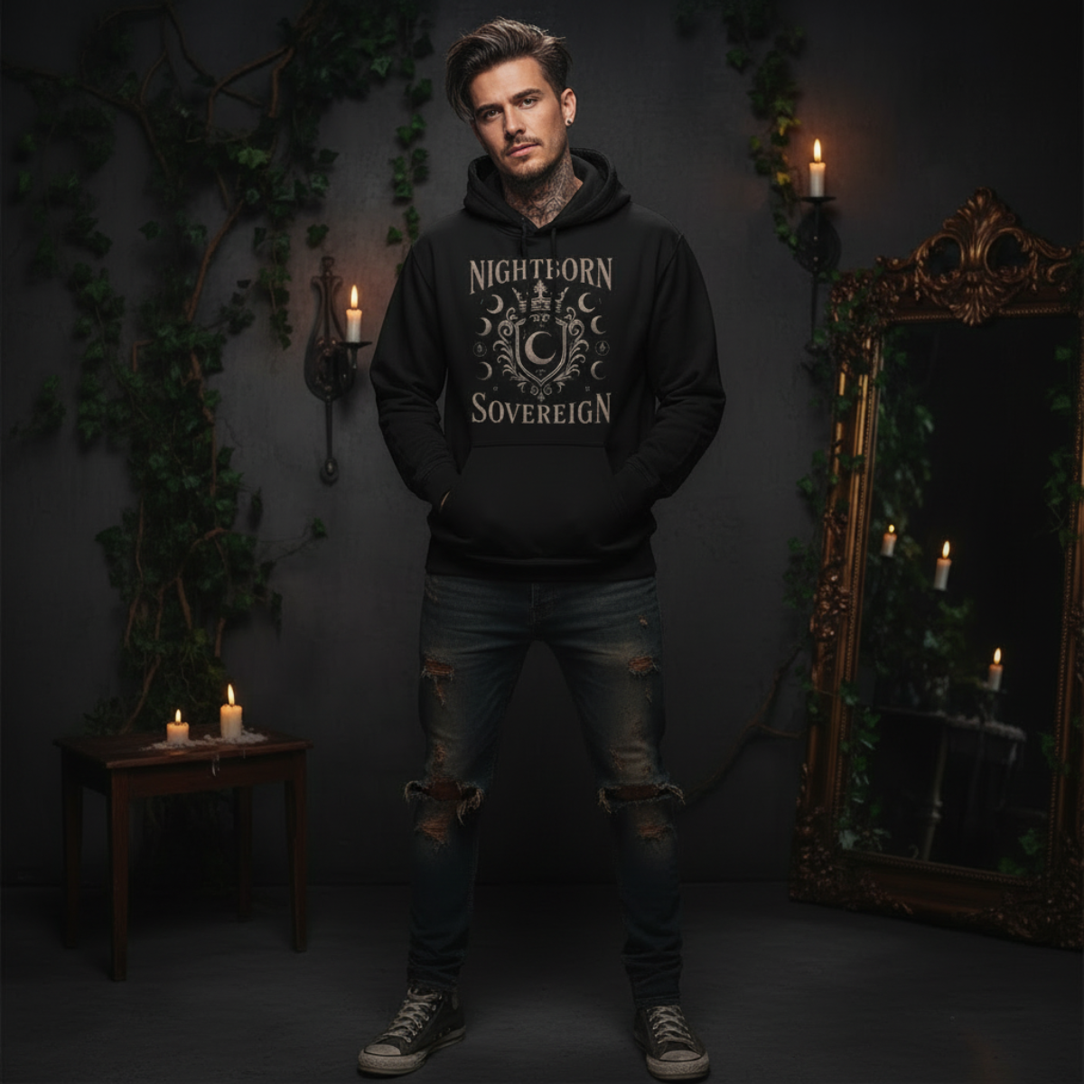 Man wearing a black hoodie with 'Nighthorn Sovereign' text in a dark, candle-lit room.