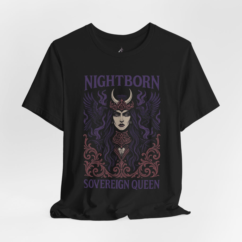 Black t-shirt with 'Nightborn Sovereign Queen' design on a white background