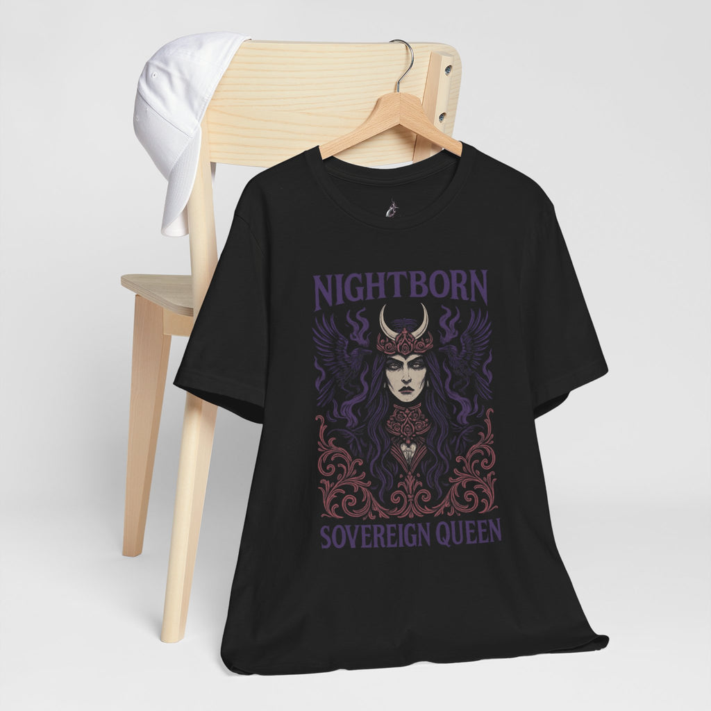 Black t-shirt with 'Nightborn Sovereign Queen' design on a hanger against a white background