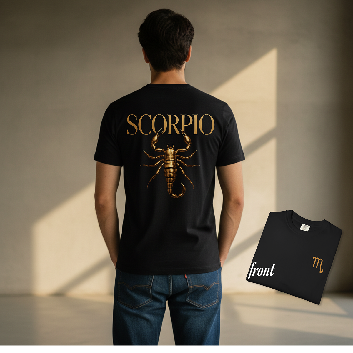 Person wearing a black t-shirt with 'SCORPIO' and a scorpion graphic, with a close-up of the front design on the right.