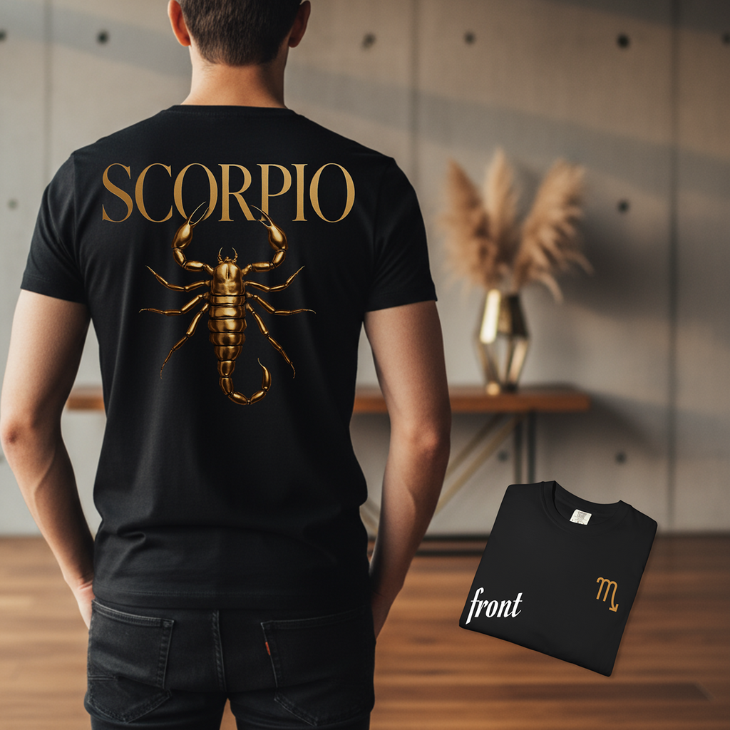 Person wearing a black t-shirt with a gold Scorpio design, standing in a room with a vase and decor.