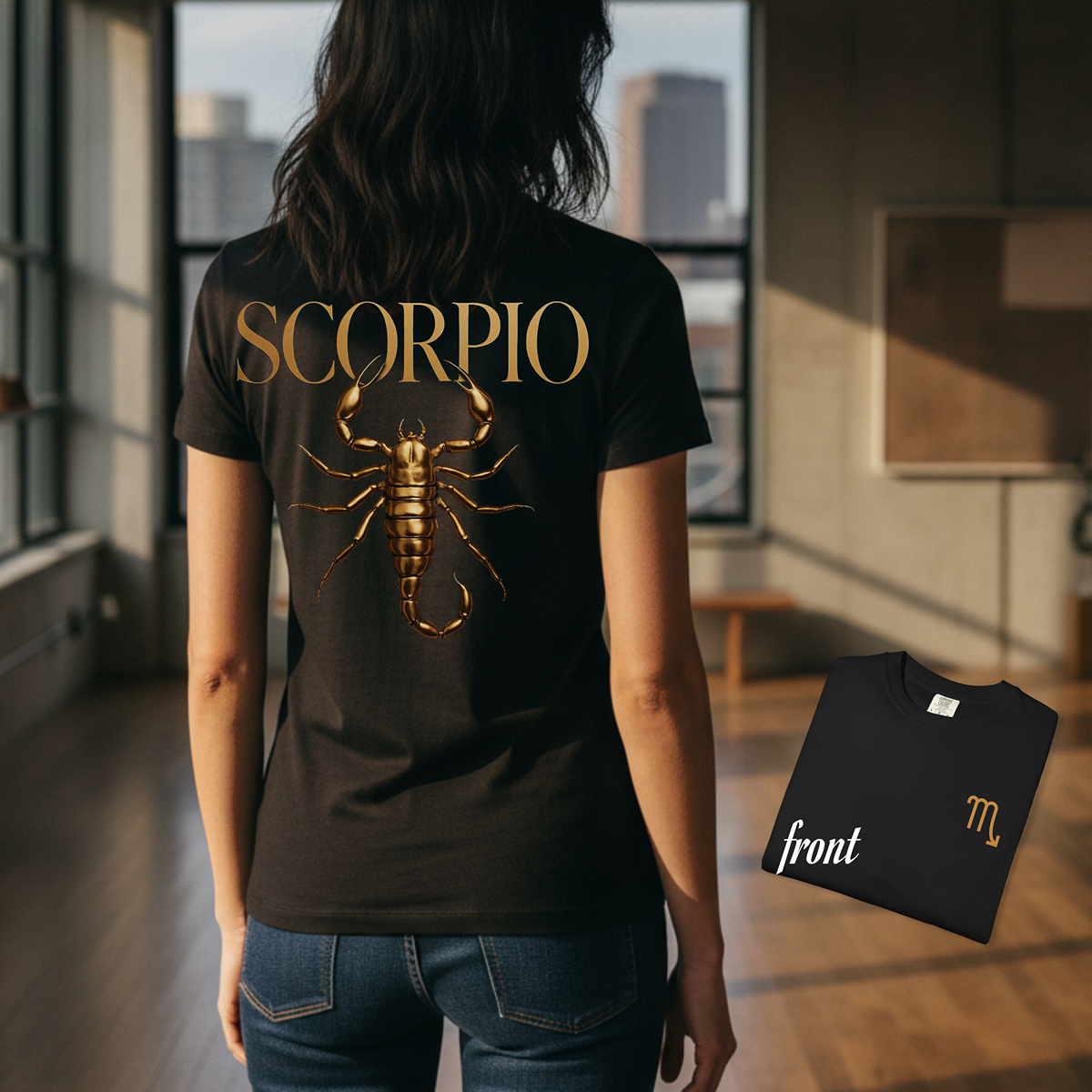 Person wearing a black t-shirt with a gold Scorpio design, standing in a room with large windows.