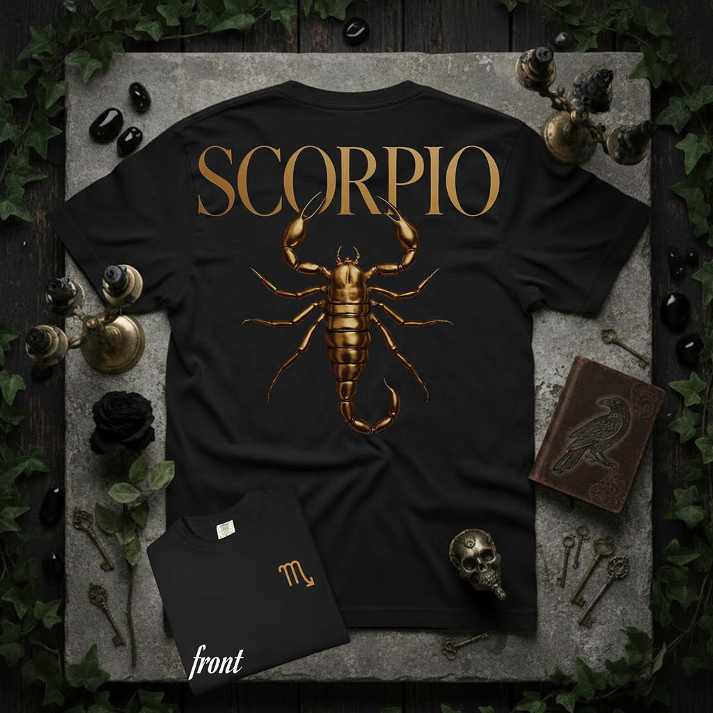 Black t-shirt with gold Scorpio design on a stone surface with decorative items.