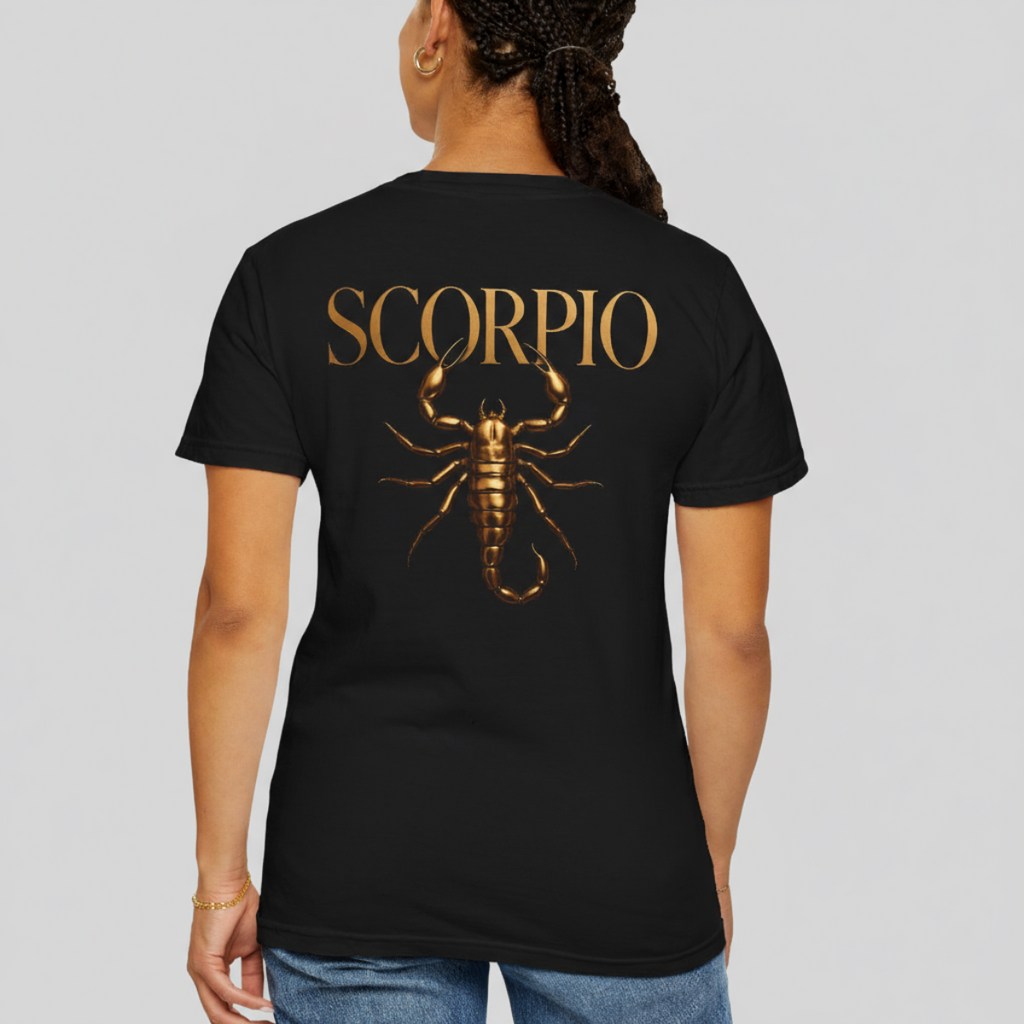 Person wearing a black t-shirt with 'SCORPIO' and a scorpion design on the back.