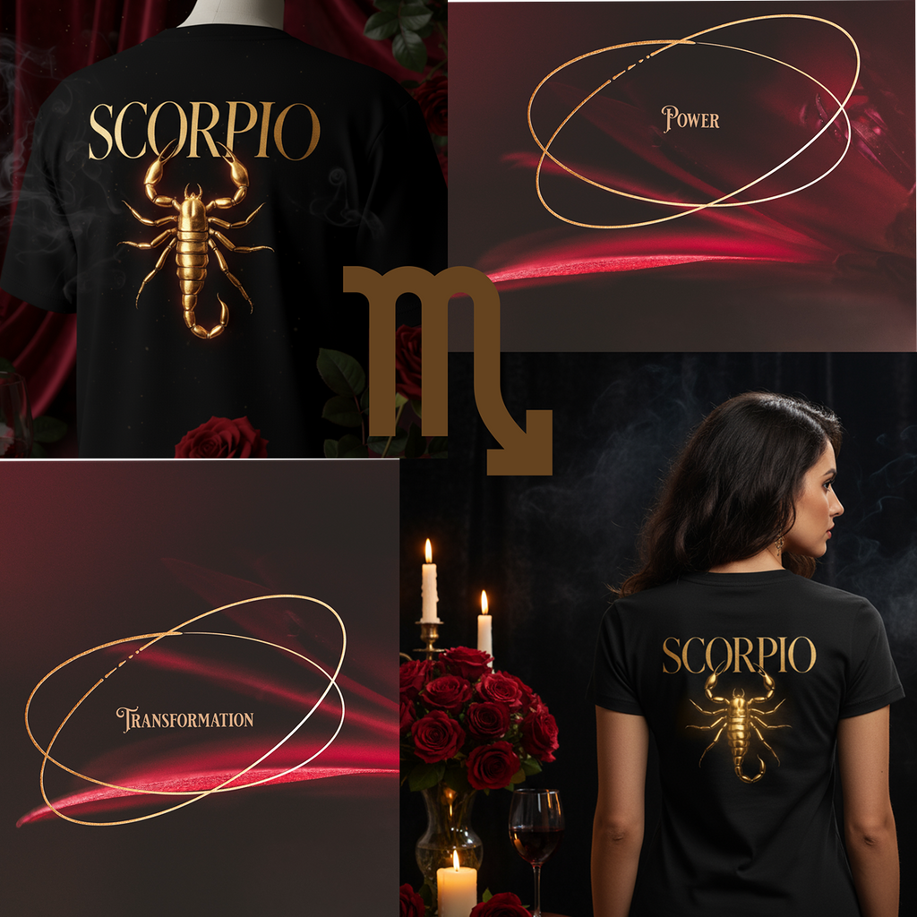 Black t-shirt with Scorpio symbol and text 'Power' and 'Transformation' on a dark background.