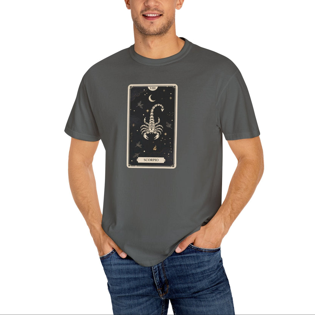 Man wearing a gray t-shirt with a Scorpio zodiac card design on a white background