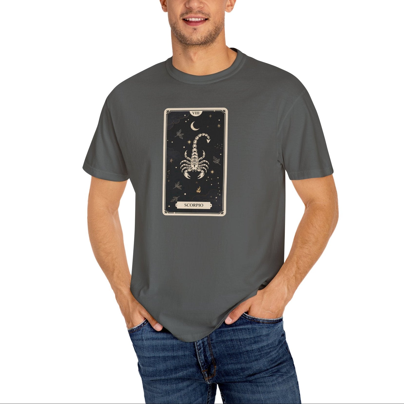 Man wearing a gray t-shirt with a Scorpio zodiac card design on a white background