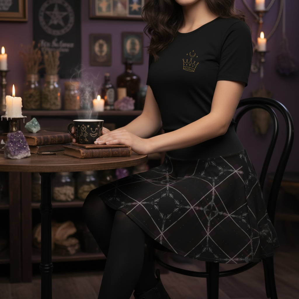 Woman wearing a Shadow Weave Gothic Plaid Skater Skirt with celestial feather-sigil pattern, styled with the Spin in the Dark pocket sigil t-shirt, black tights, and combat boots sitting in a coffee shop.