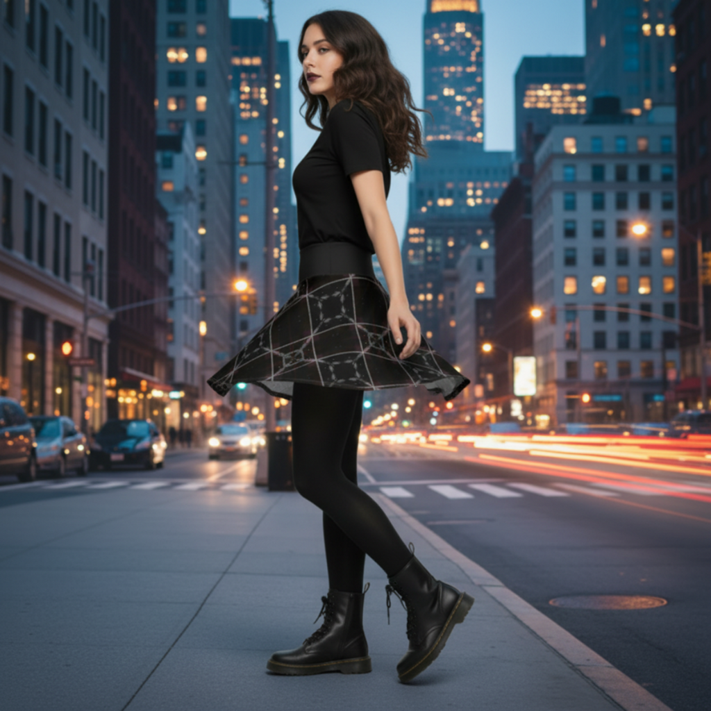 Woman wearing a Shadow Weave Gothic Plaid Skater Skirt with celestial feather-sigil pattern, styled with the Spin in the Dark pocket sigil t-shirt, black tights, and combat boots on a city street at night