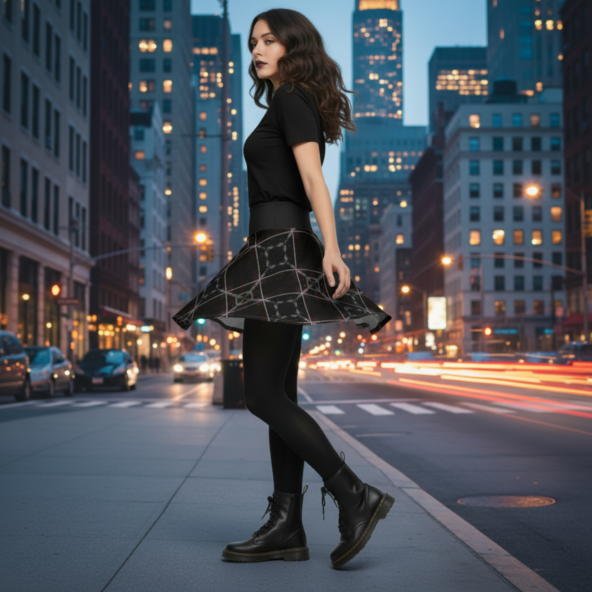 Woman wearing a Shadow Weave Gothic Plaid Skater Skirt with celestial feather-sigil pattern, styled with the Spin in the Dark pocket sigil t-shirt, black tights, and combat boots on a city street at night
