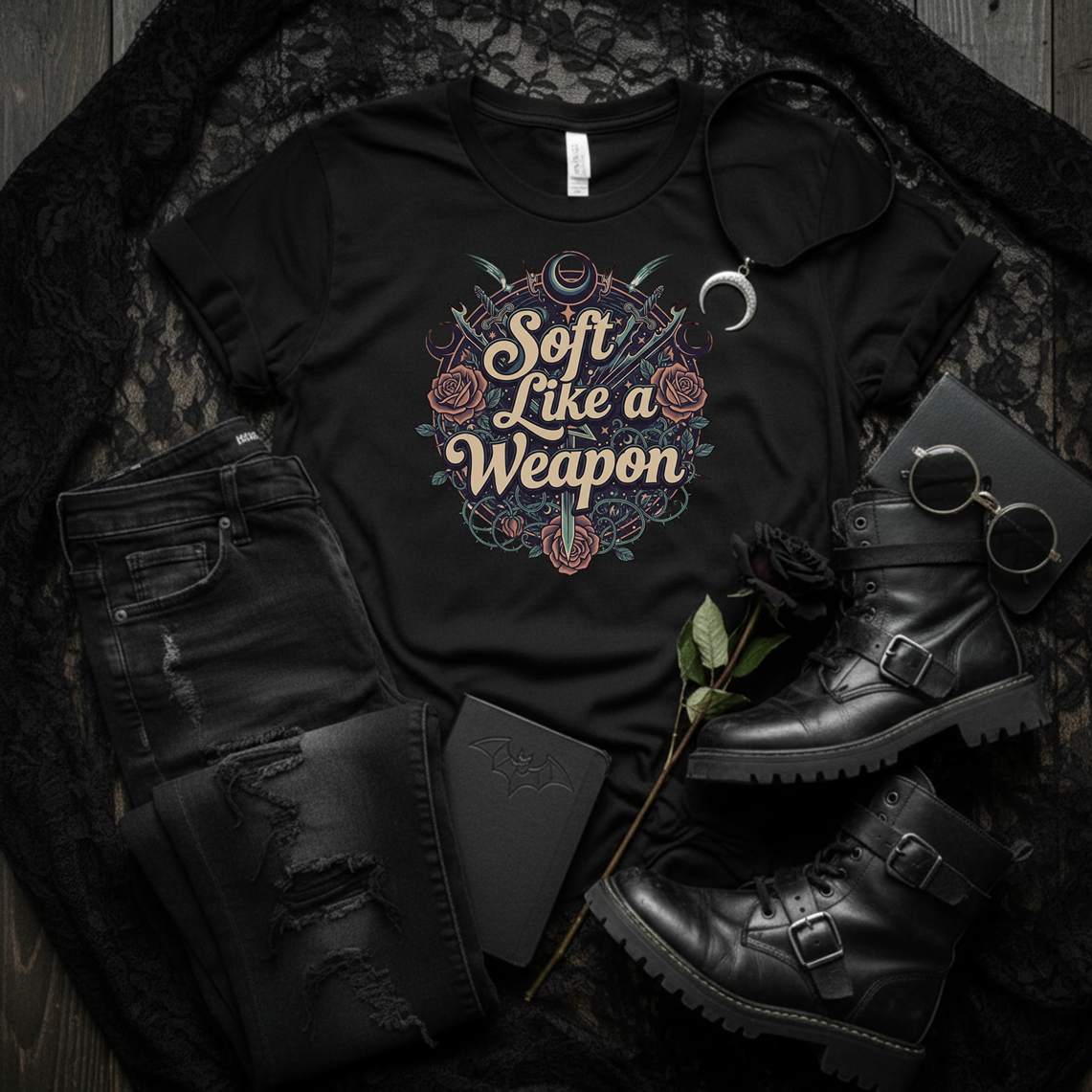Black t-shirt with 'Soft Like a Weapon' design on a dark background with boots and a jacket.