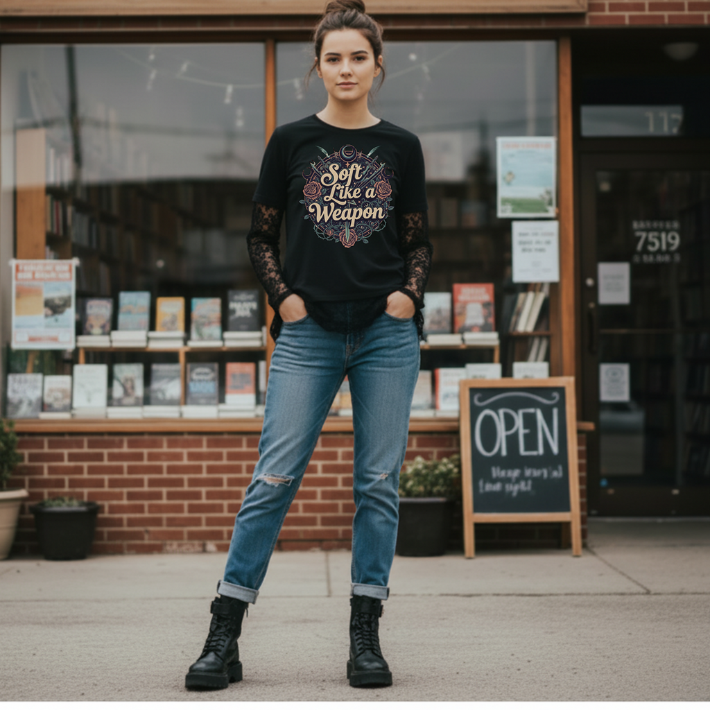 Woman wearing a black sweatshirt with text and blue jeans standing in front of a store.