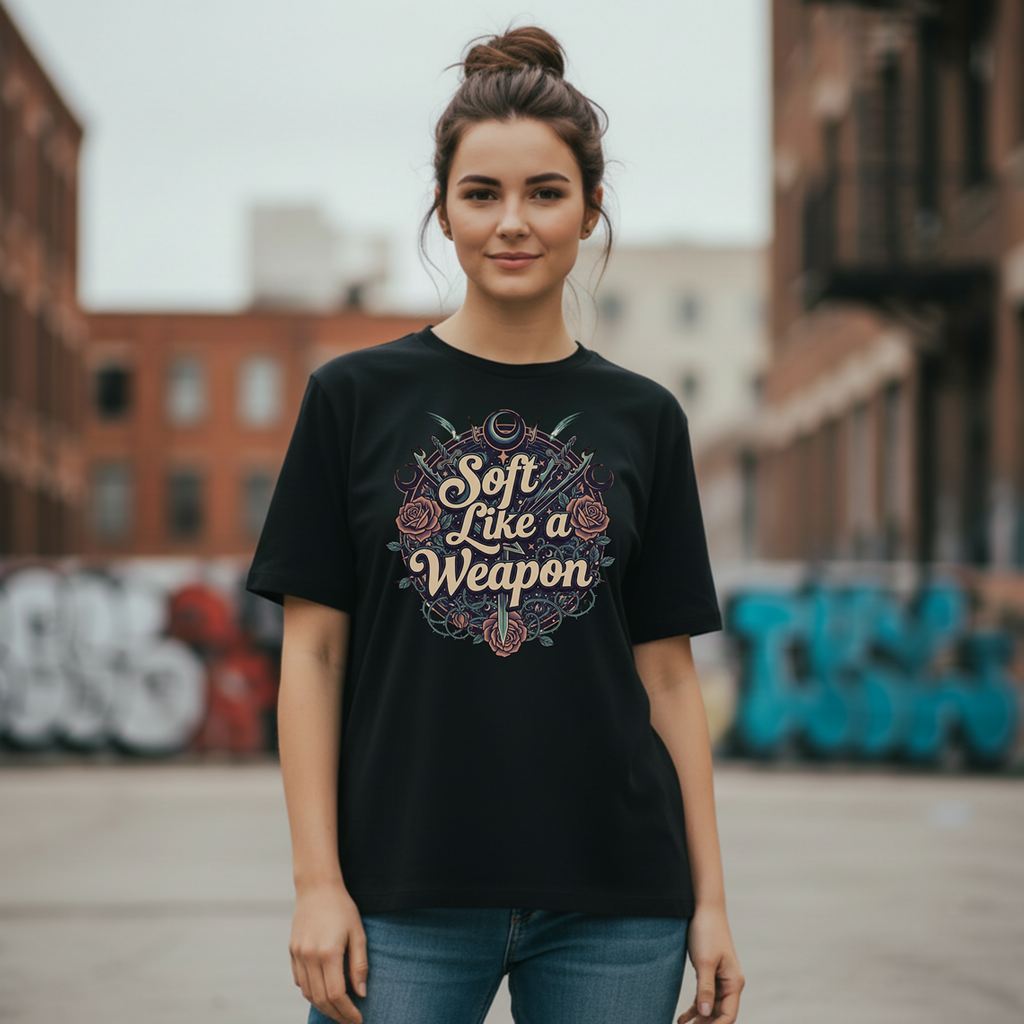 Woman wearing a black t-shirt with 'Soft Like a Weapon' text and design, standing in an urban setting.