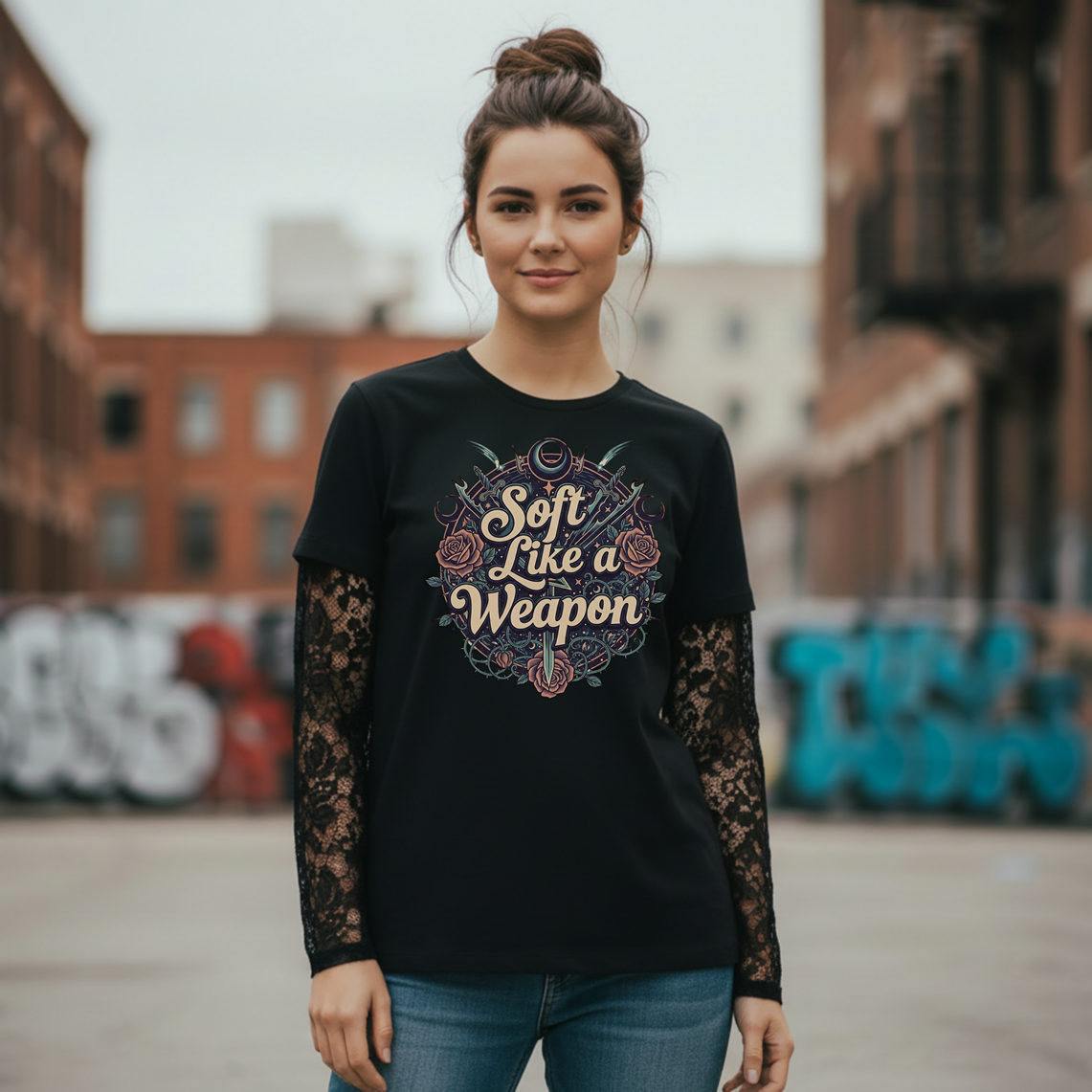 Woman wearing a black t-shirt with 'Soft Like a Weapon' design in an urban setting.