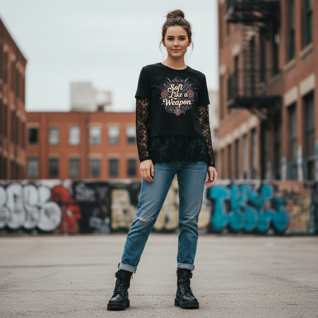 Person wearing a black graphic t-shirt and blue jeans standing in an urban setting with graffiti.
