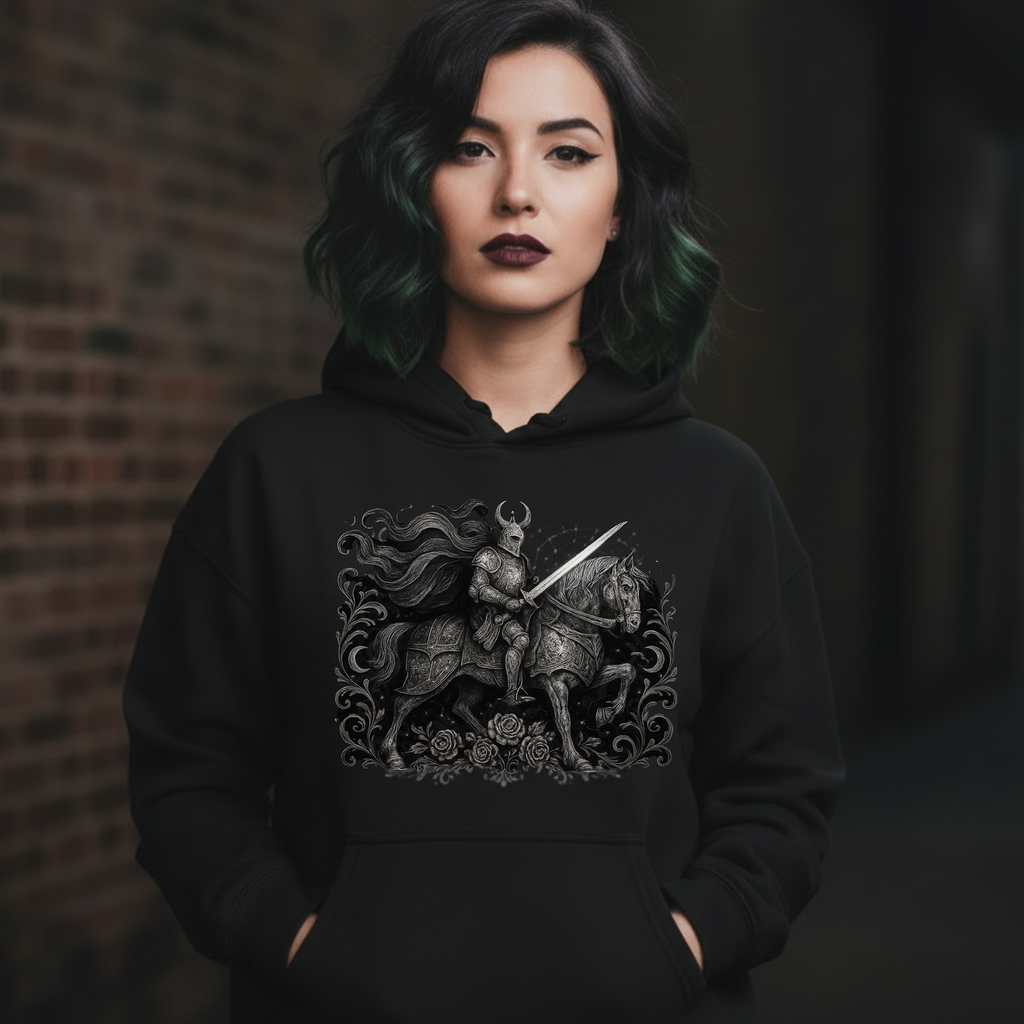 Person wearing a black hoodie with a decorative design of a knight on a horse.