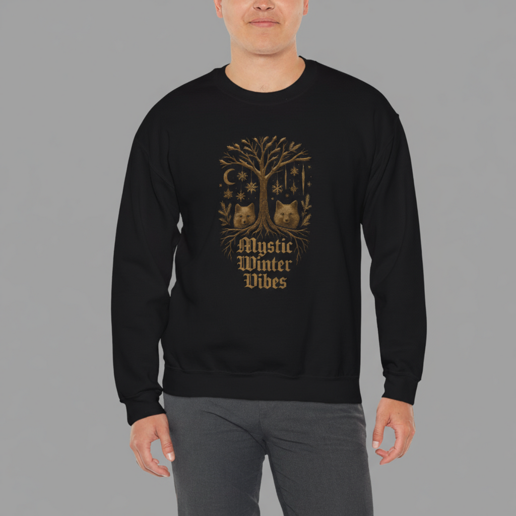 Black sweatshirt with 'Mystic Winter Vibes' design featuring trees and cats on a gray background.