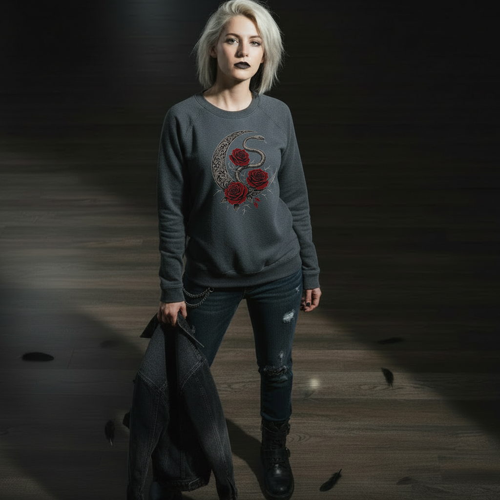 Woman wearing a dark gray sweatshirt with a floral design in a dimly lit room.
