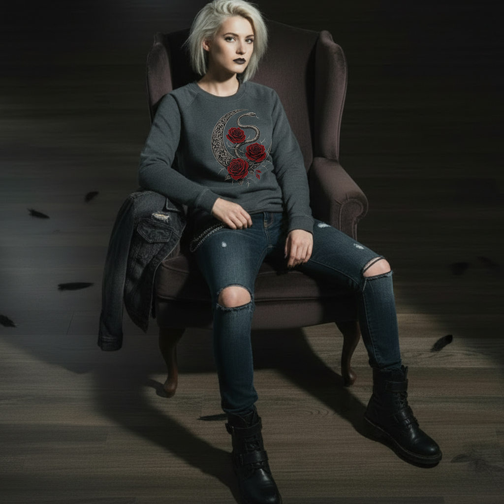 Woman sitting in a dark room wearing a gray sweatshirt with red floral design, ripped jeans, and black boots.