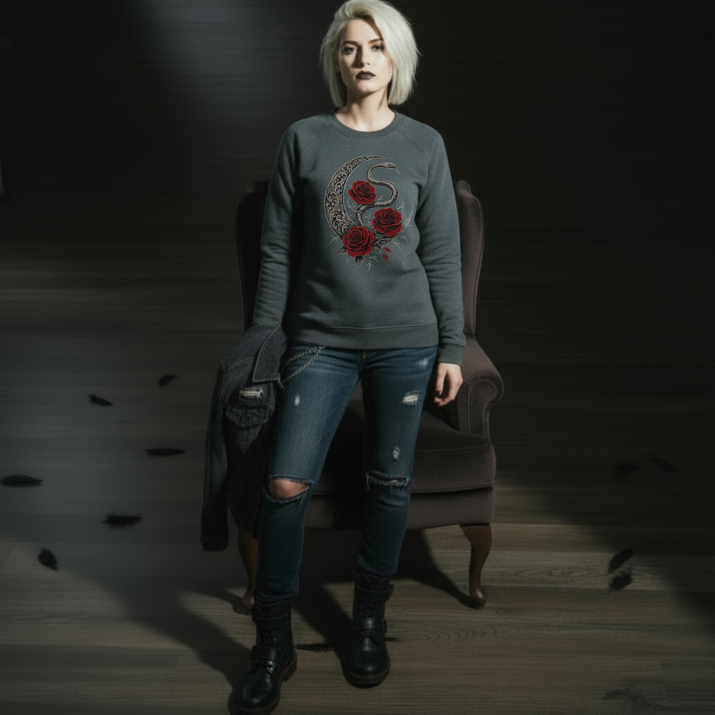 Person wearing a dark green sweatshirt with a floral design in a dimly lit room.