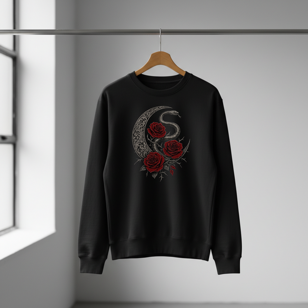 Black sweatshirt with a crescent moon and roses design on a hanger against a gray wall.