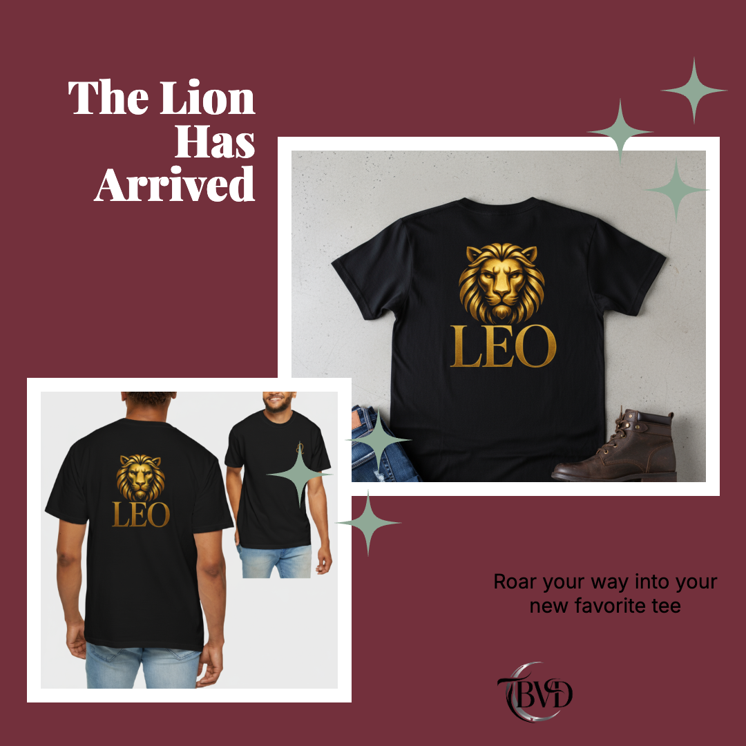 Black t-shirt with gold lion graphic and 'LEO' text on a maroon background