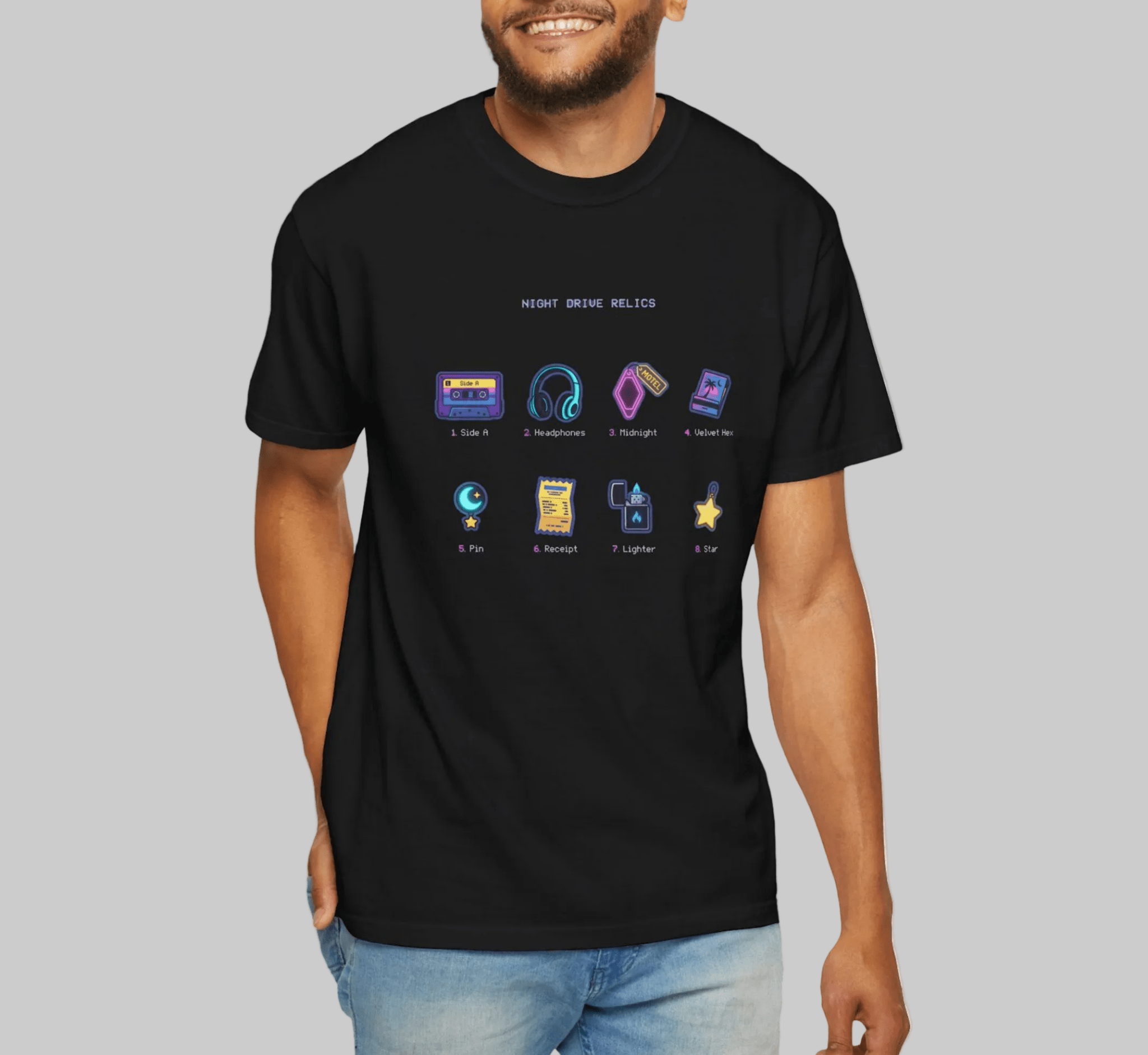 Retro Gaming Icons T-Shirt — 'Accept Console: Roll 1d20' Neon RPG Dice & Items Tee - The Bela Vibe House of Moonfire