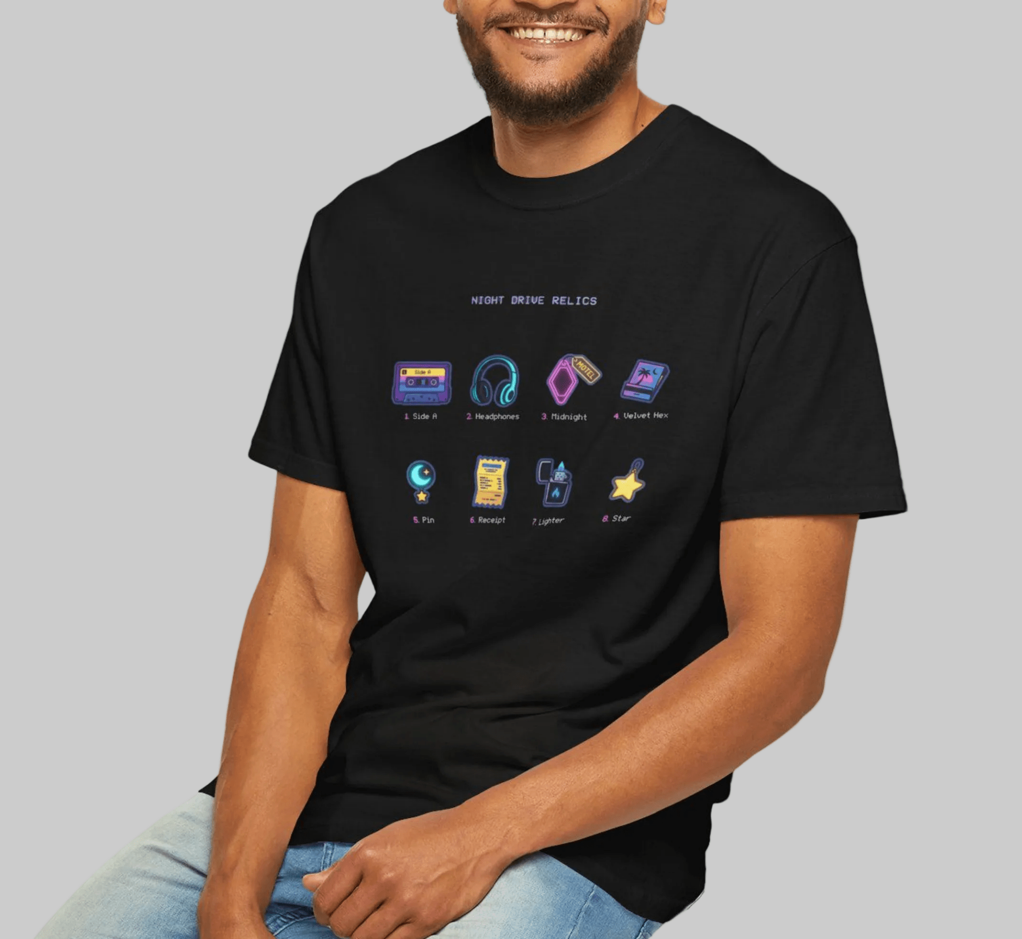 Retro Gaming Icons T-Shirt — 'Accept Console: Roll 1d20' Neon RPG Dice & Items Tee - The Bela Vibe House of Moonfire