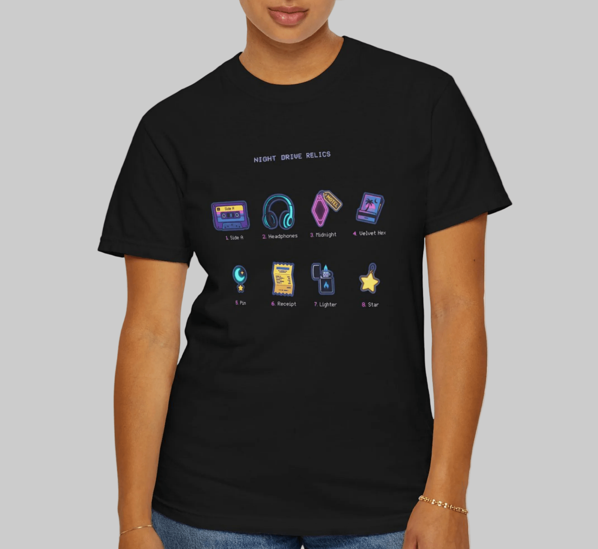 Retro Gaming Icons T-Shirt — 'Accept Console: Roll 1d20' Neon RPG Dice & Items Tee - The Bela Vibe House of Moonfire