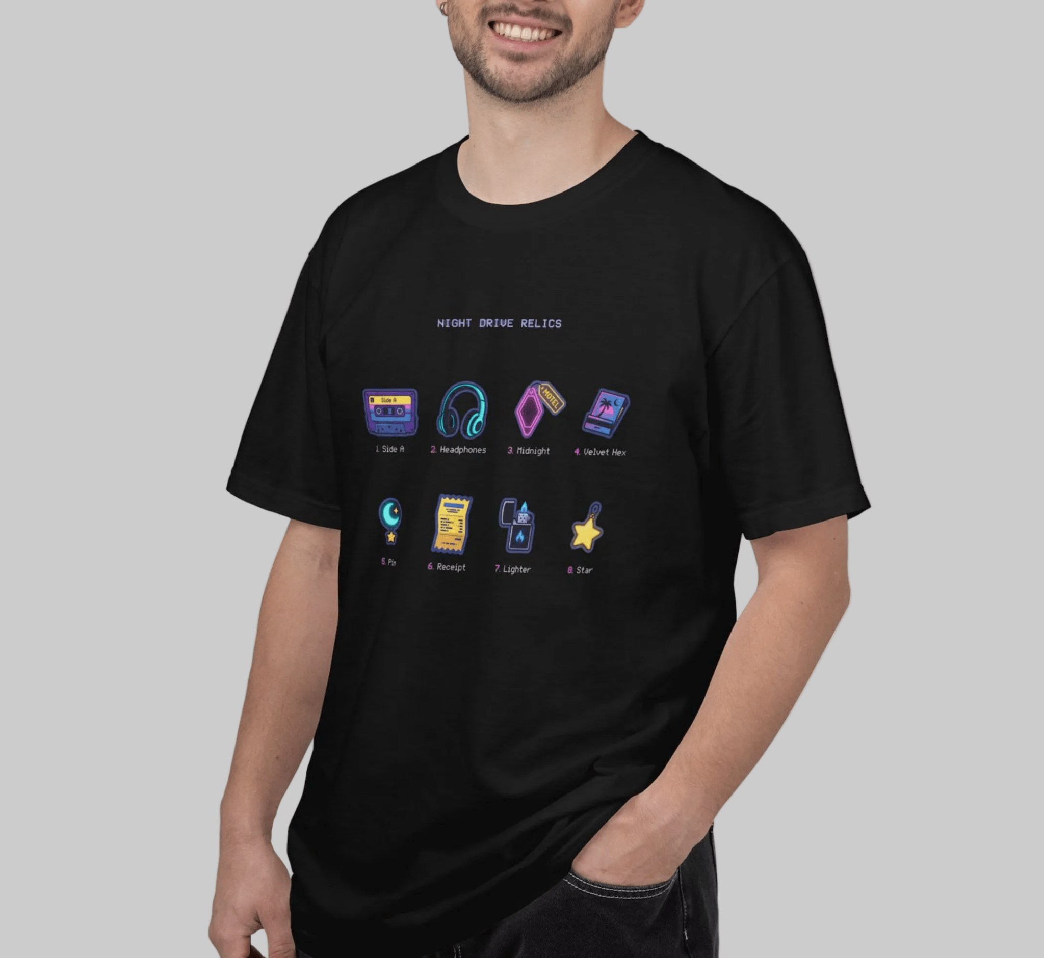 Retro Gaming Icons T-Shirt — 'Accept Console: Roll 1d20' Neon RPG Dice & Items Tee - The Bela Vibe House of Moonfire